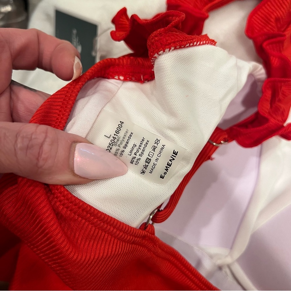 Tummy Control Square Neck Red Ribbed Swimsuit Adjustable ruffle strap ❤️ - Picture 8 of 9